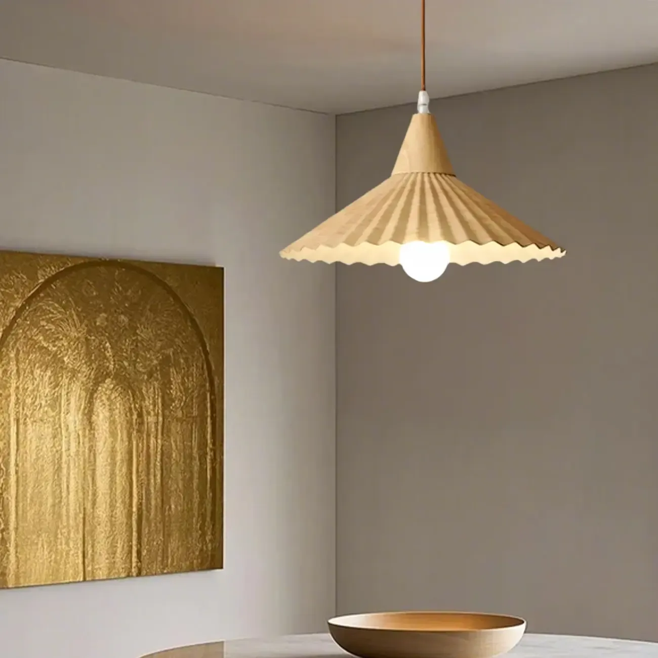 Modern Walnut Pleated Cone Pendant Light