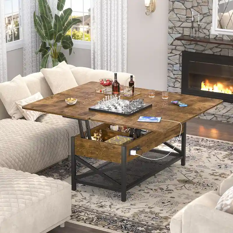 Expandable Lift Top Coffee Table with LED Light and Power Outlet - 39W x 41.73L x 26.6H in.