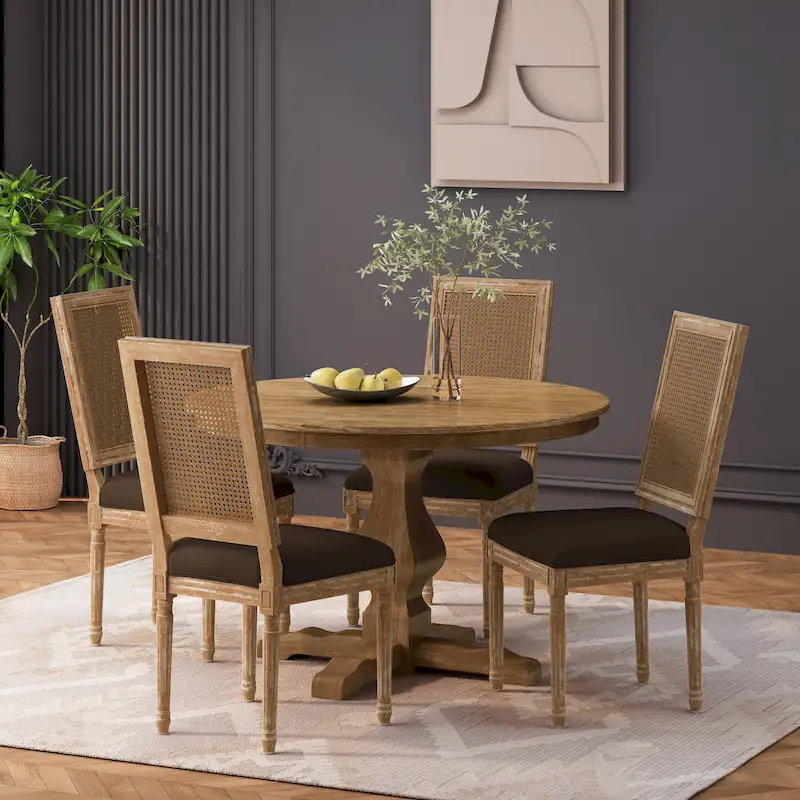 Wood and Cane Upholstered 5-Piece Circular Dining Table and Chairs