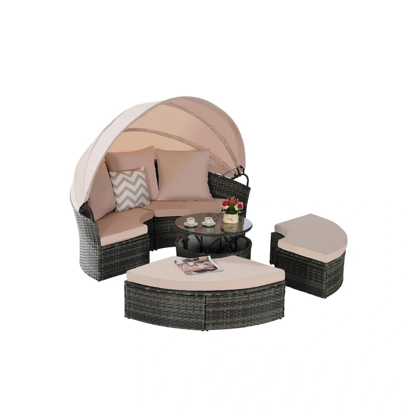 5-Piece Round Daybed Sunbed with Canopy & Removable Cushions