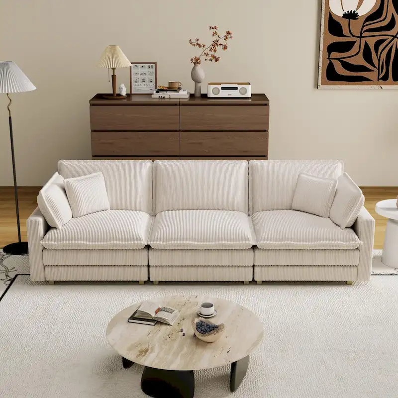 103  Corduroy Modern Classic 4-Seater Sofa with Deep Seat & 4 Pillows