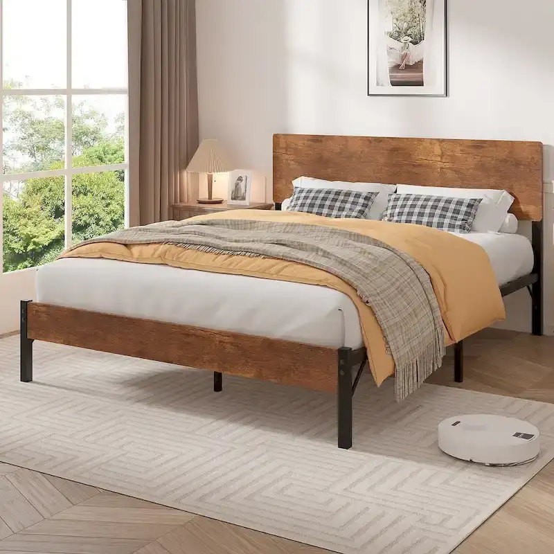 Elegant Iron Queen Bed Frame with MDF Headboard & Footboard - Modern Industrial Style