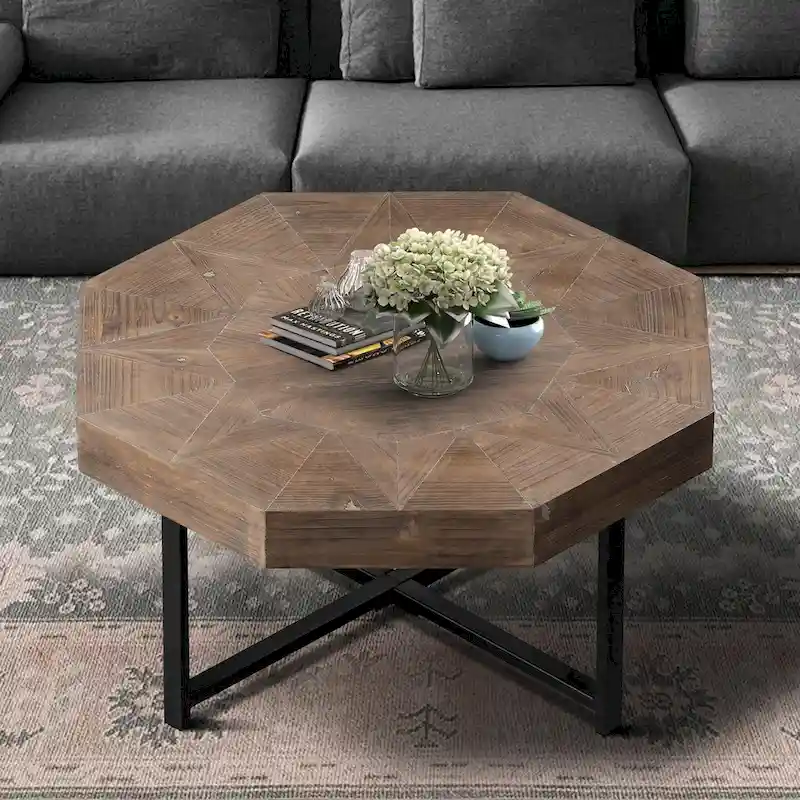 30-Inch Octagonal Wood and Metal Coffee Table