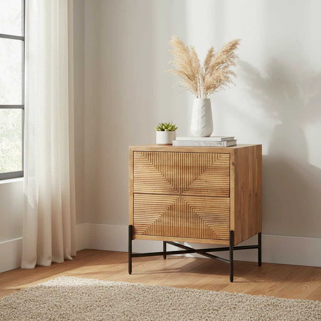 Light Brown Solid Wood w/ Black Iron Frame & 2 Drawer Accent Table - 22L x 22W x 26H