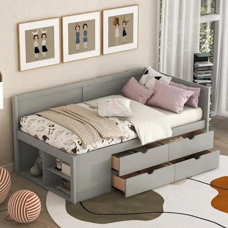 Daybed with Storage Drawers and Bookcase Shelves