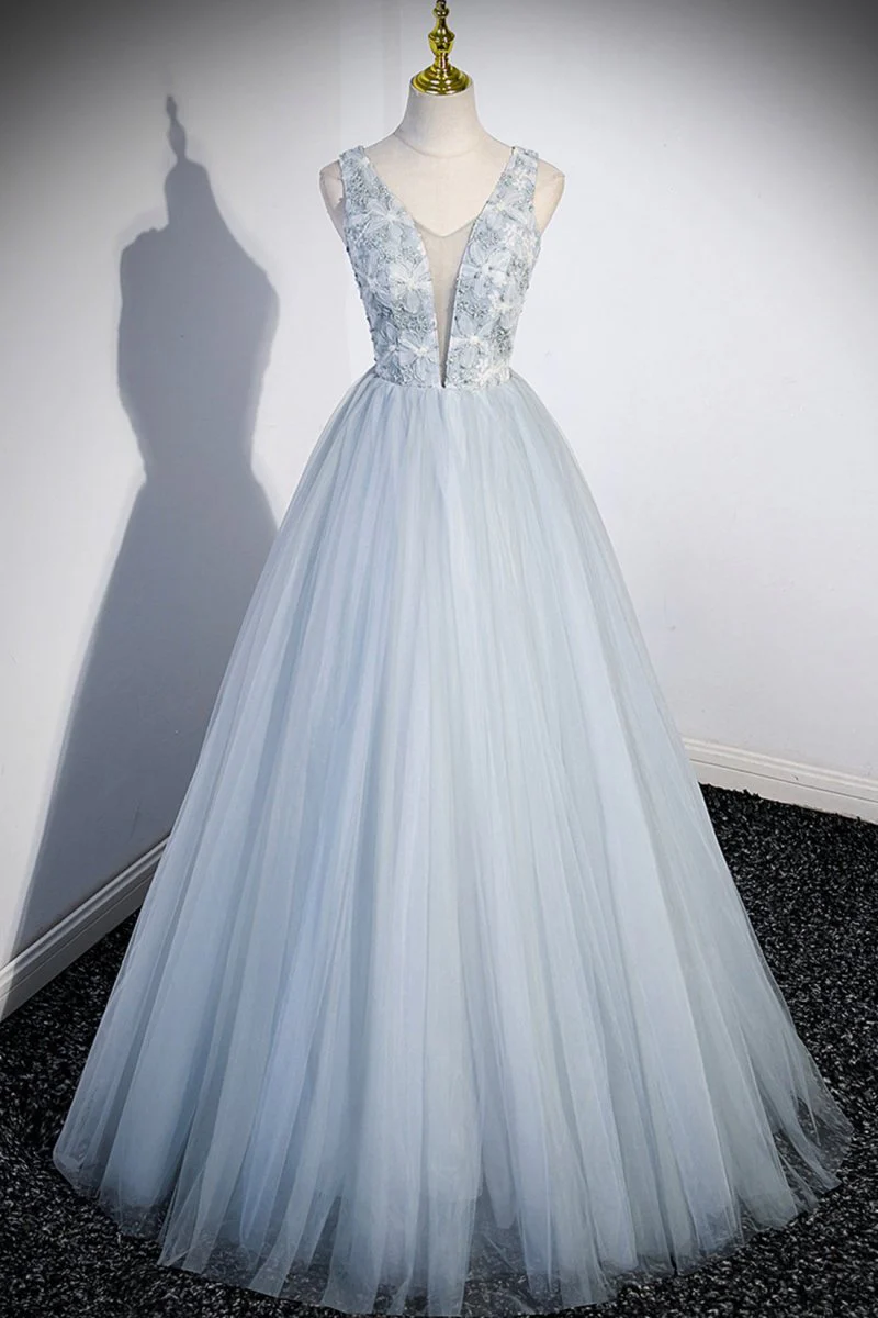 Sky Blue V Neck A Line Tulle Long Prom Dresses With Floral