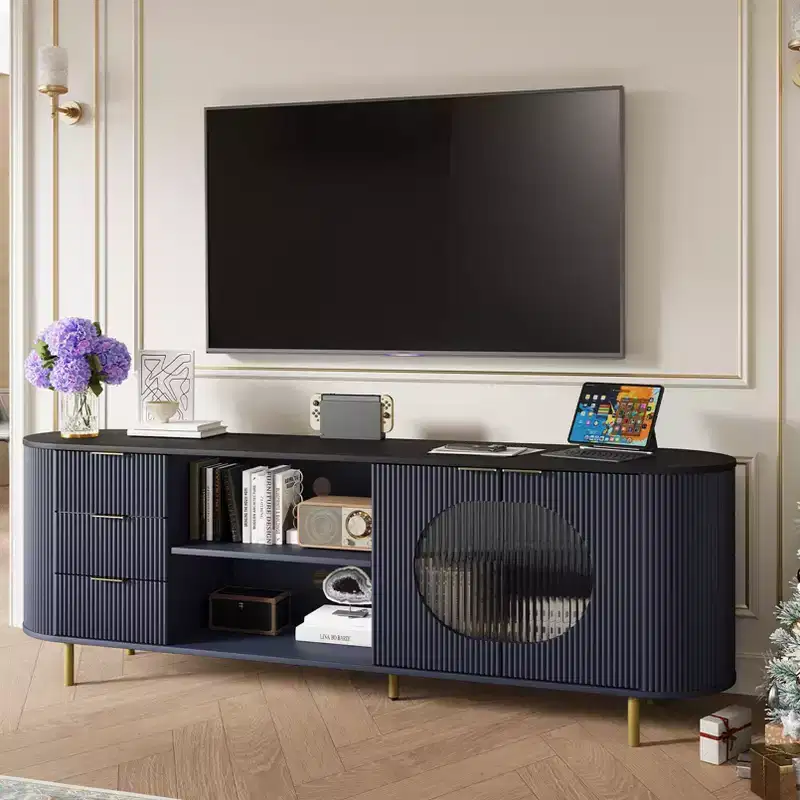 JVNOXK 65-inch Modern Curved Profile TV Stand Recessed Design, Fits TVs 69 inches and under Marble-effect Top with Gold Accents Natural Blue