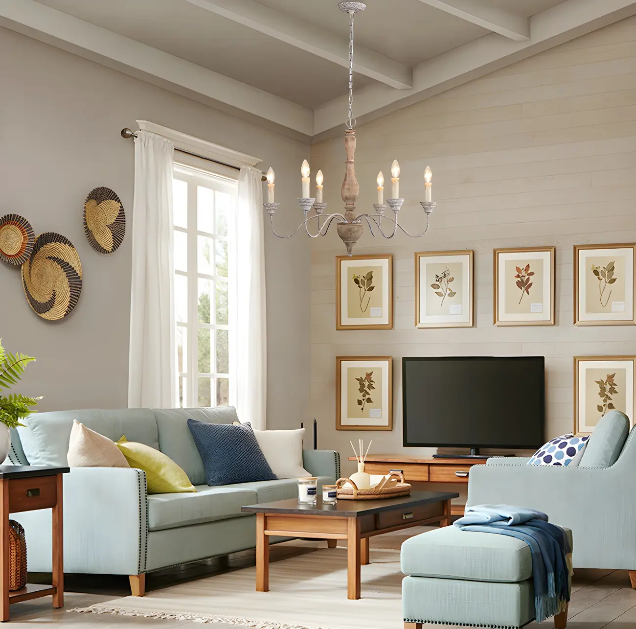 6-Light Classic Wooden Candelabra Chandelier with Chain Mount