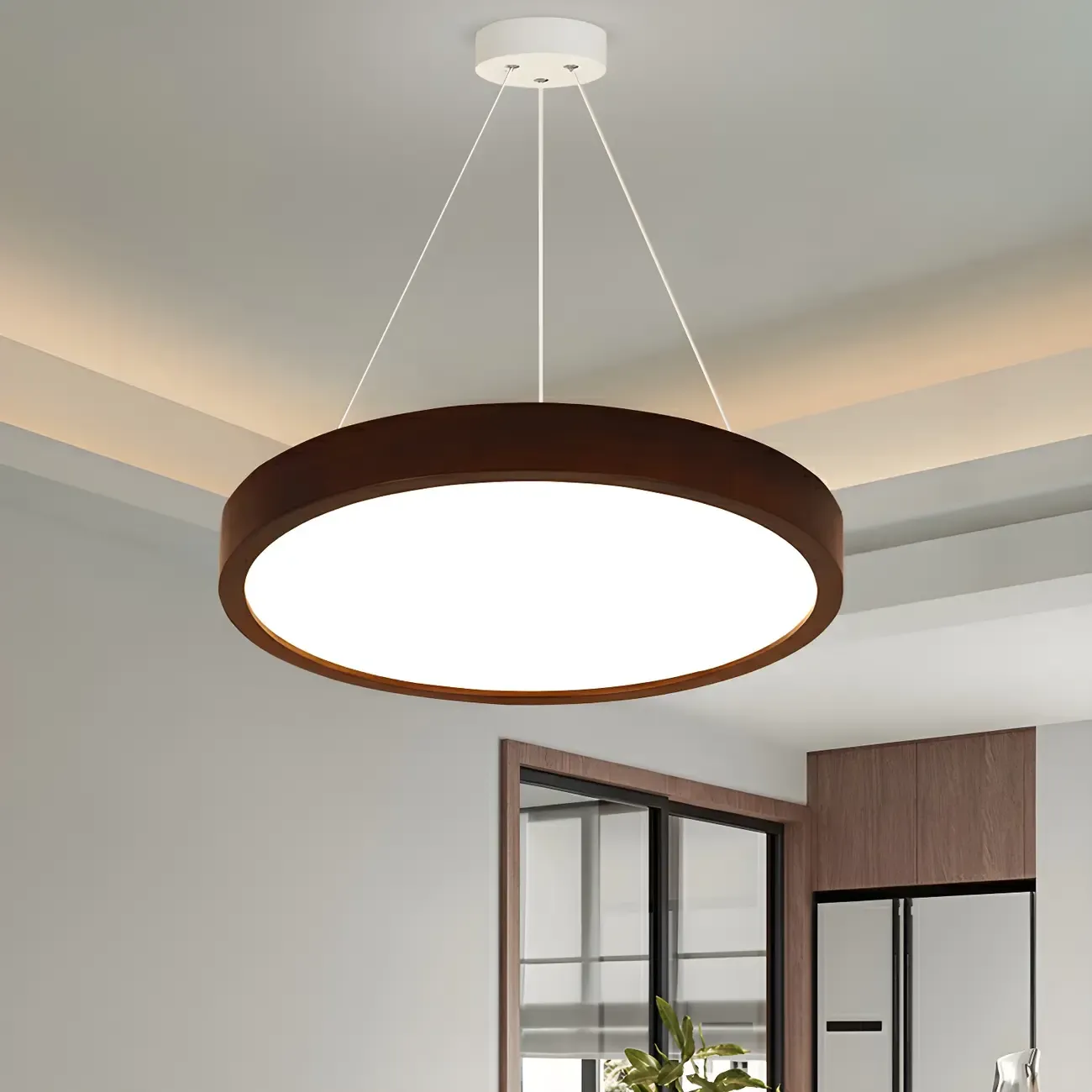 Modern Dimmable LED Brown Cylinder Wood Chandelier