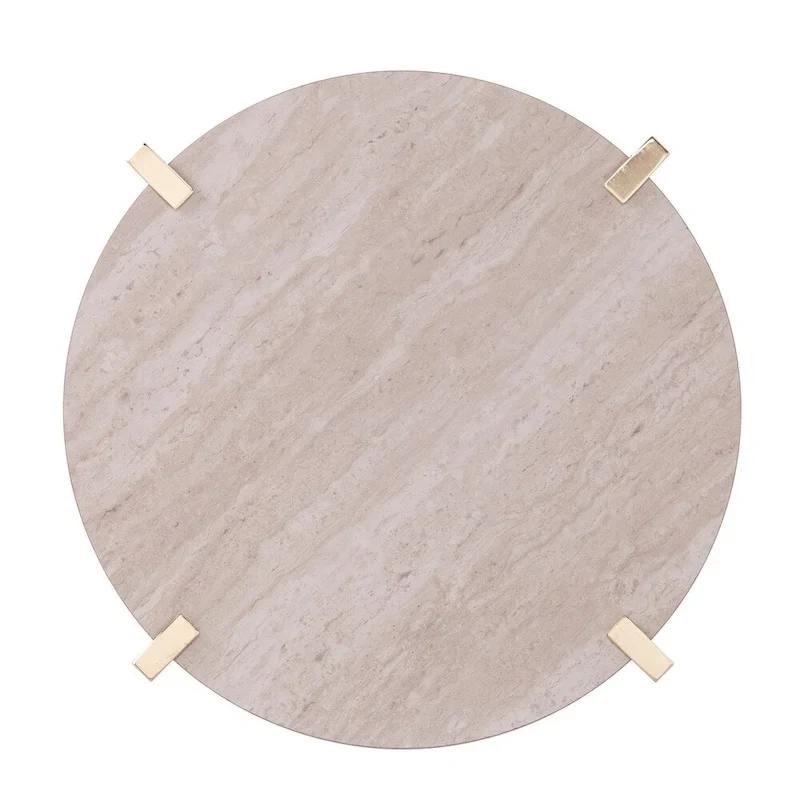 White/Brown Round Two-Tier Side Table with Faux Marble Top & Wood Shelf