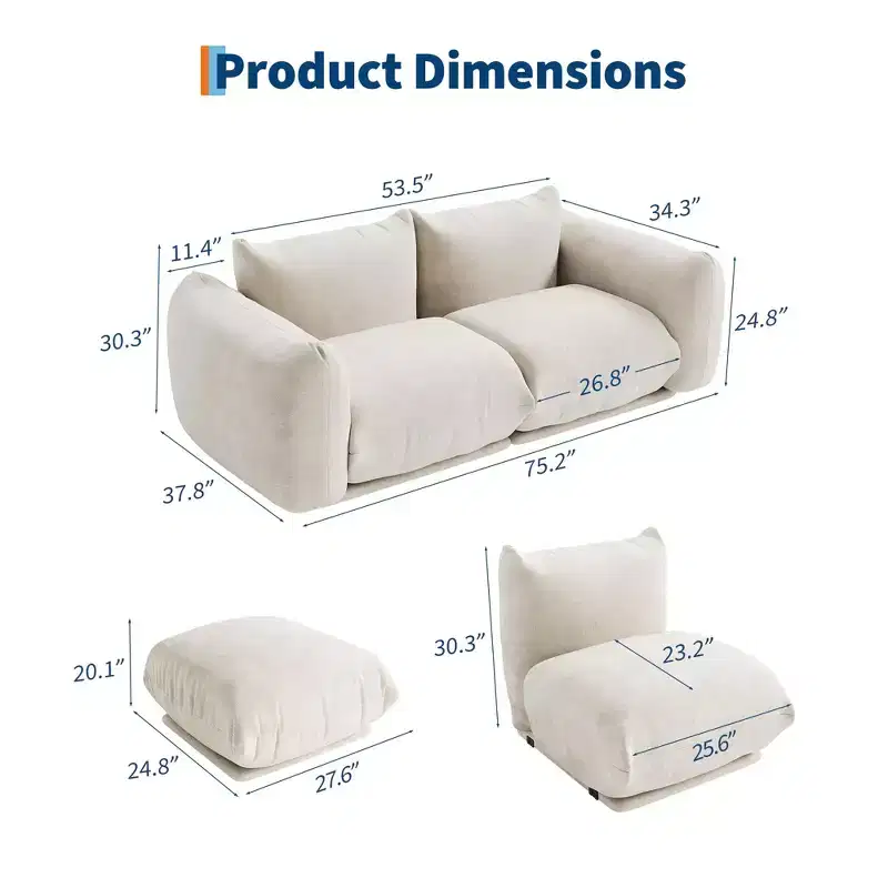 Modular Sofa Set of 2 Love Seats, Chenille Cloud Couch with Deep Seat, Boneless for Living Room, Small Space