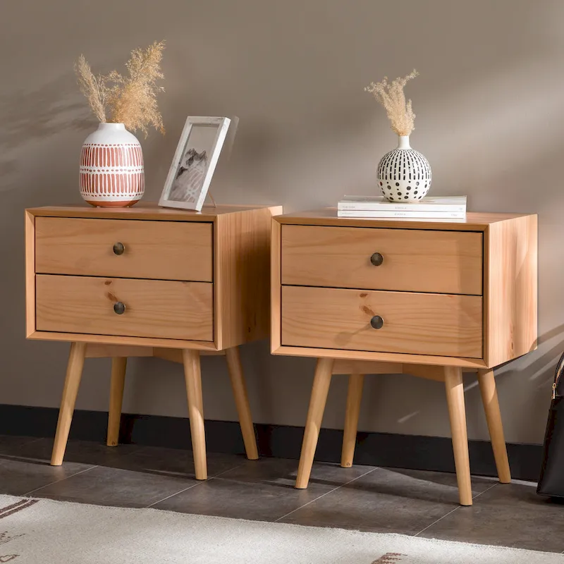 Mid-Century Solid Wood 2-Drawer Nightstand