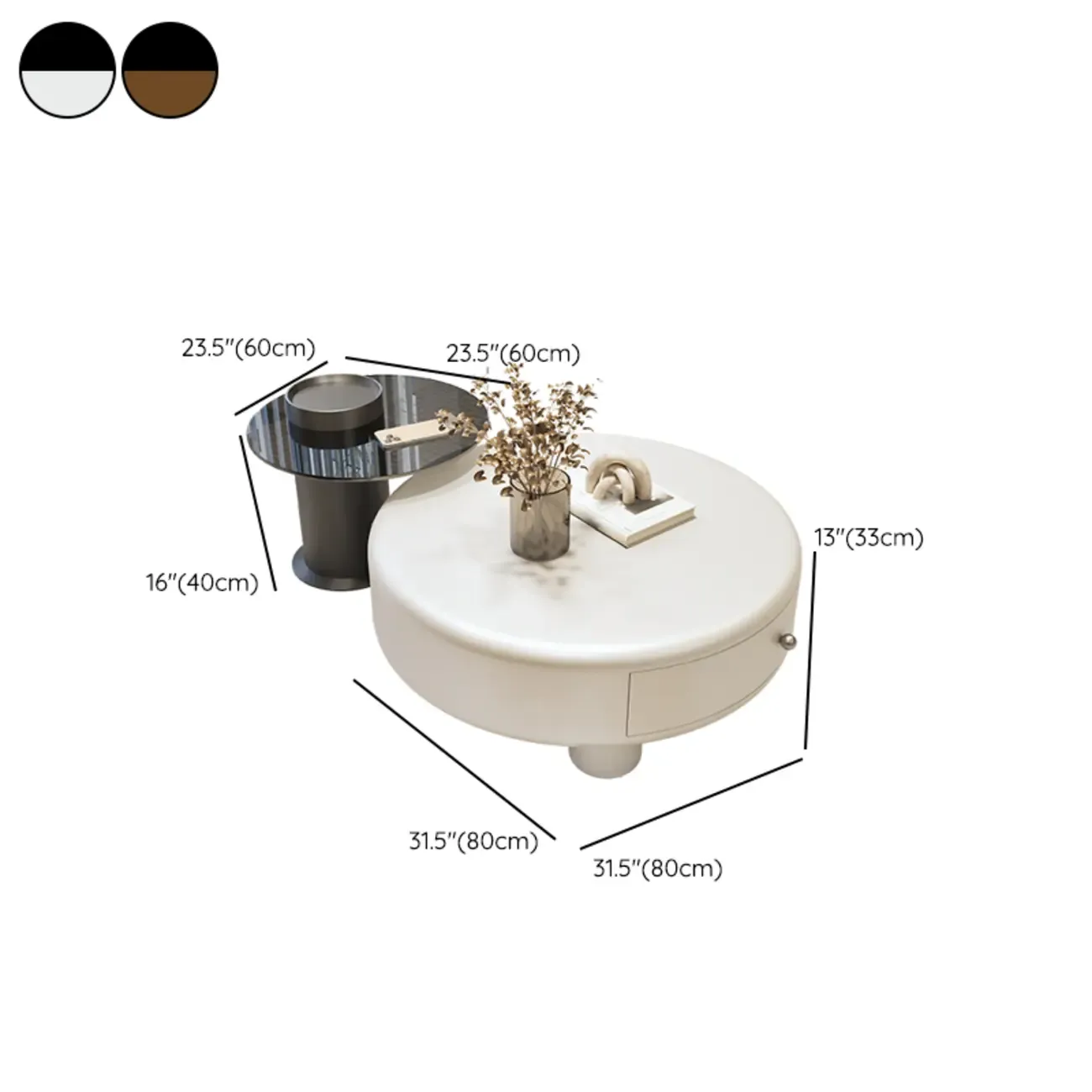 Cream Round Elegant Drawers Round Wood Coffee Table