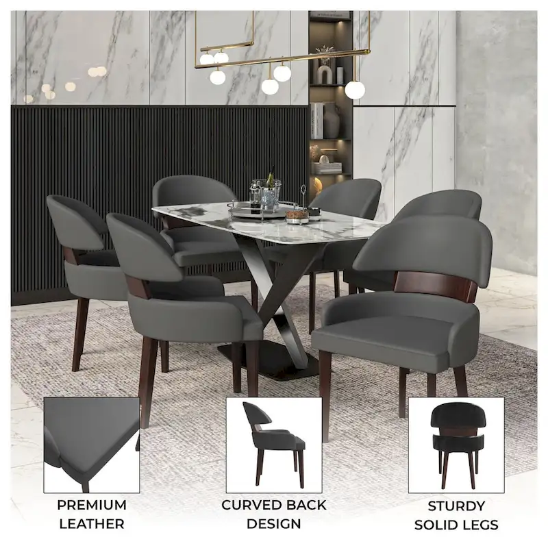 Leather Dining Chair with a Curved Back in Rubberwood Ethos Series by LeisureMod