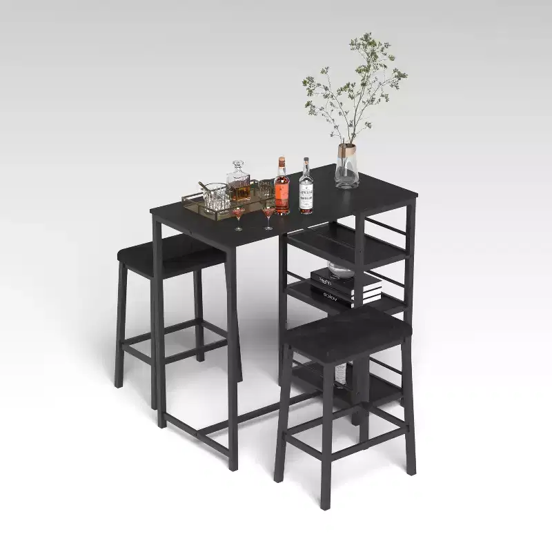 Dining Table Set for 2, Counter Height Bar Table Set with 2 Upholstered Stools & 3 Storage Shelves, Kitchen Table for Dining Room Compact Area