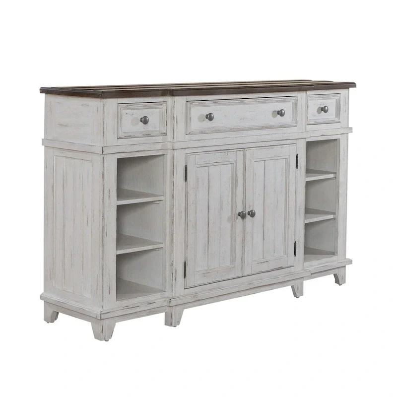 White & Grey Distressed Pine Breakfront Server – 1 Piece