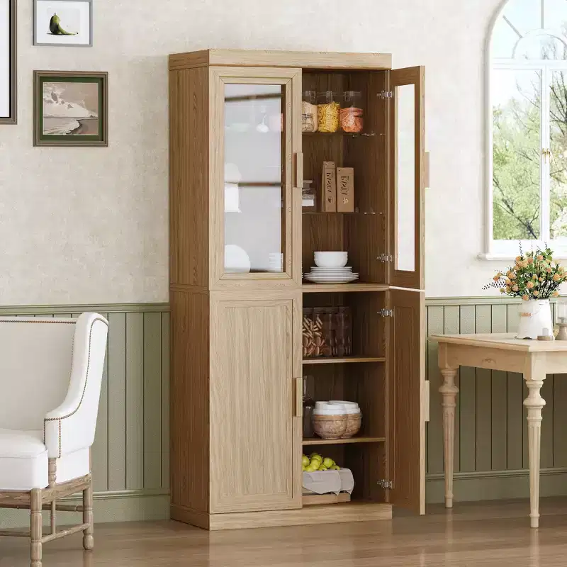 PexFix 72x31x16 Wood Kitchen Storage Pantry Cabinet with Adjustable Shelves in Light Brown