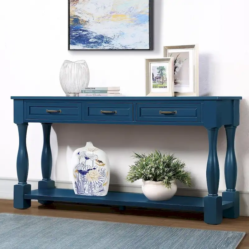 Solid Wood Console Table - Antique White/Blue/Navy/Espresso/Brown, Mid-Century Style, Multi-User