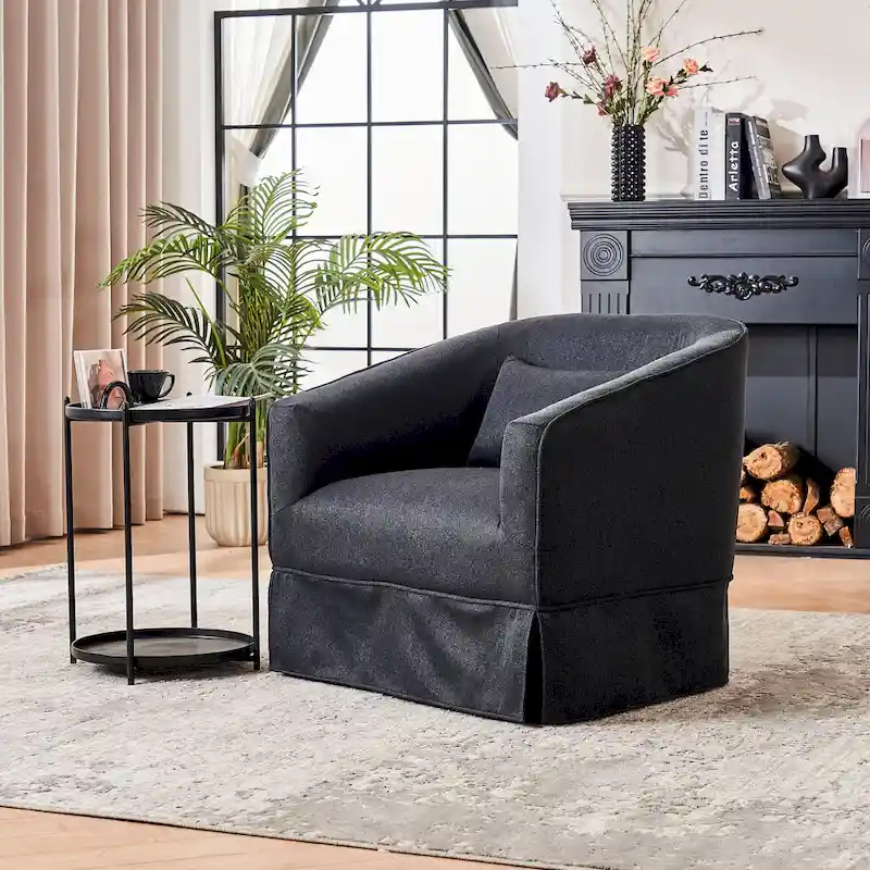 Swivel Barrel Chair With Ottoman, Swivel Accent Chairs Armchair, Reading Chairs, Round Barrel Chairs with Black Metal Base