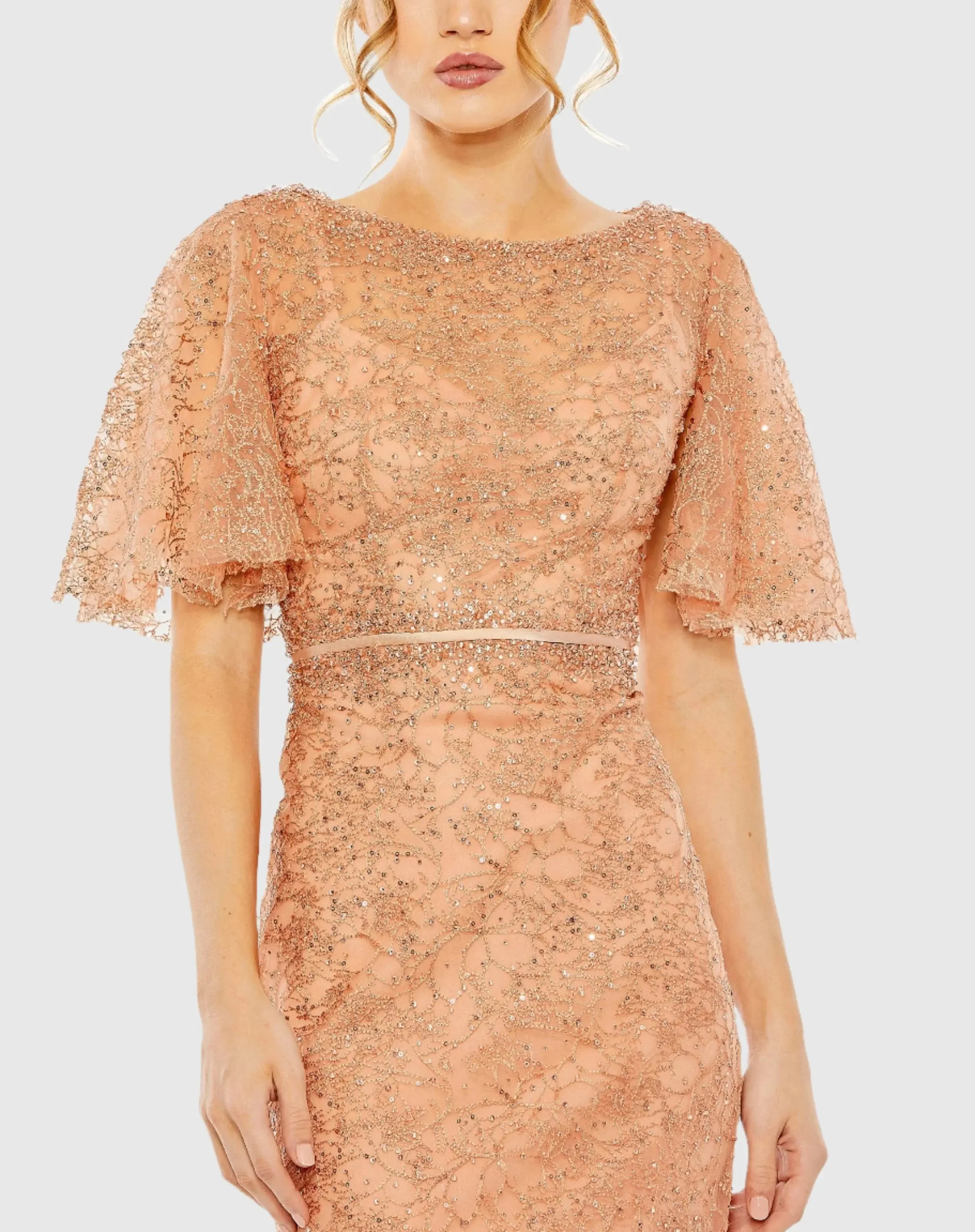 Orange Embellished Neck Butterfly Sleeve Trumpet Gown
