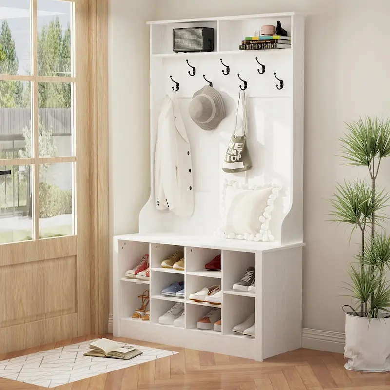 White / Brown / Grey / Black 4-in-1 Hall Tree, Coat Rack & Shoe Bench, Single