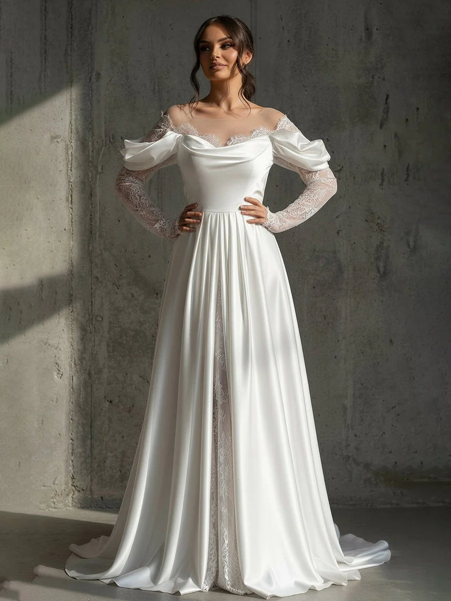Mermaid Off-the-Shoulder Satin Lace Wedding Dress with Slit
