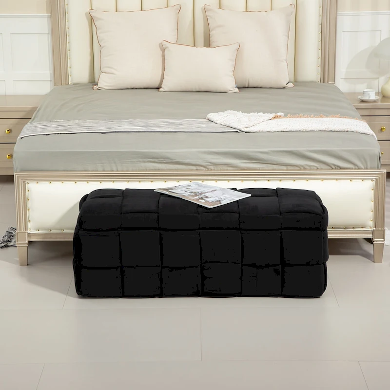 Velvet Upholstered Fabric Storage Ottoman with Safety Hinge, No assembly required
