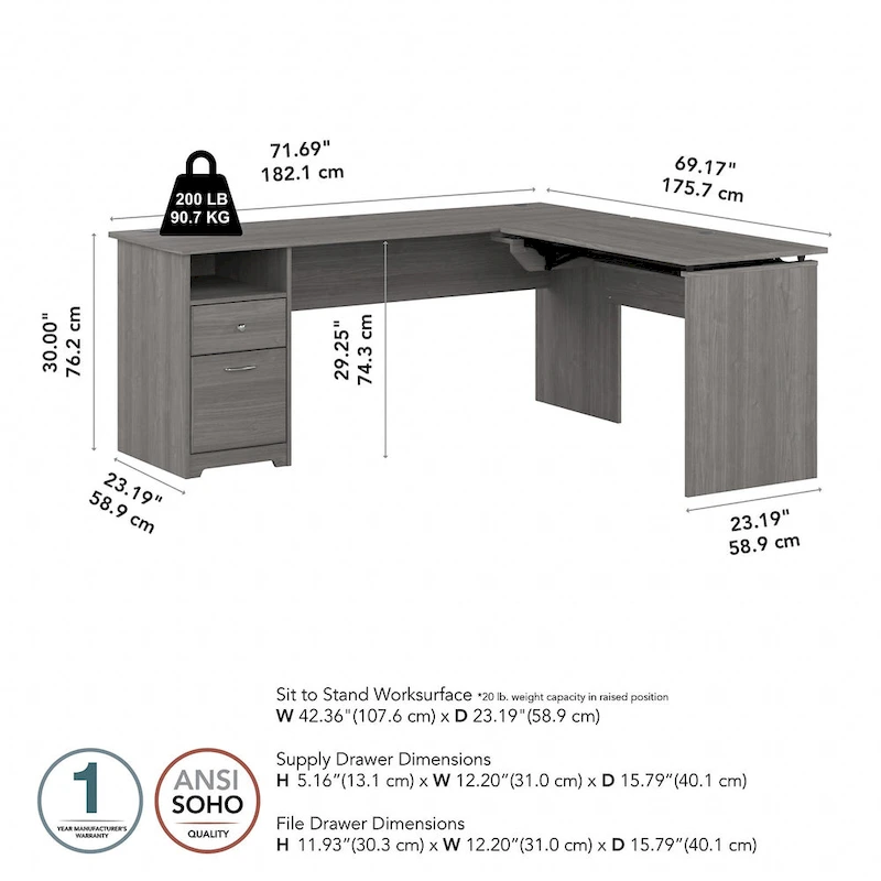 72W 3-position L-shaped Sit to Stand Desk by Bush Furniture