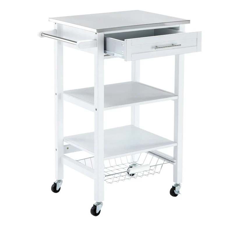 Kitchen Cart with 2 Wooden Shelves and 1 Drawer, White