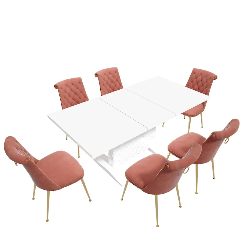 7-Piece Clihome High-gloss Extendable Table Velvet Chair Dining Set
