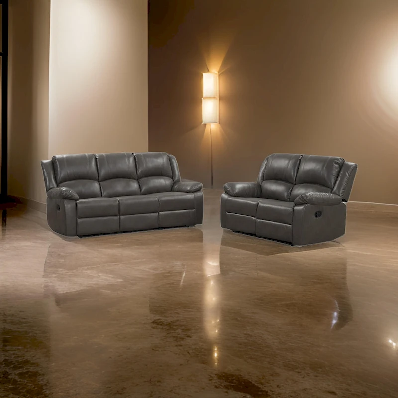 Lizzy Sofa and Loveseat Set, Manual Reclining, Solid Wood, Gray Leather