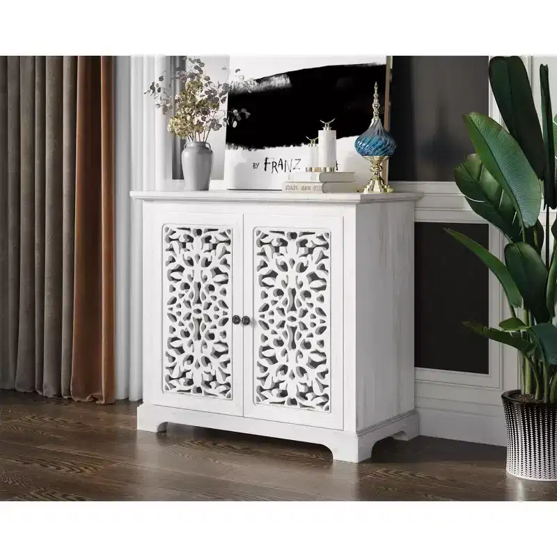 Kitchen Storage Cabinet with 2 Hollow Carved DoorsSideboard Buffet, Console Table, Accent Liquor Cabinet for Dining Room or Living Room