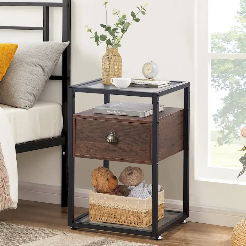 VECELO (Set of 2) Modern 1-Drawer Nightstand with 2-tier Glass Shelves