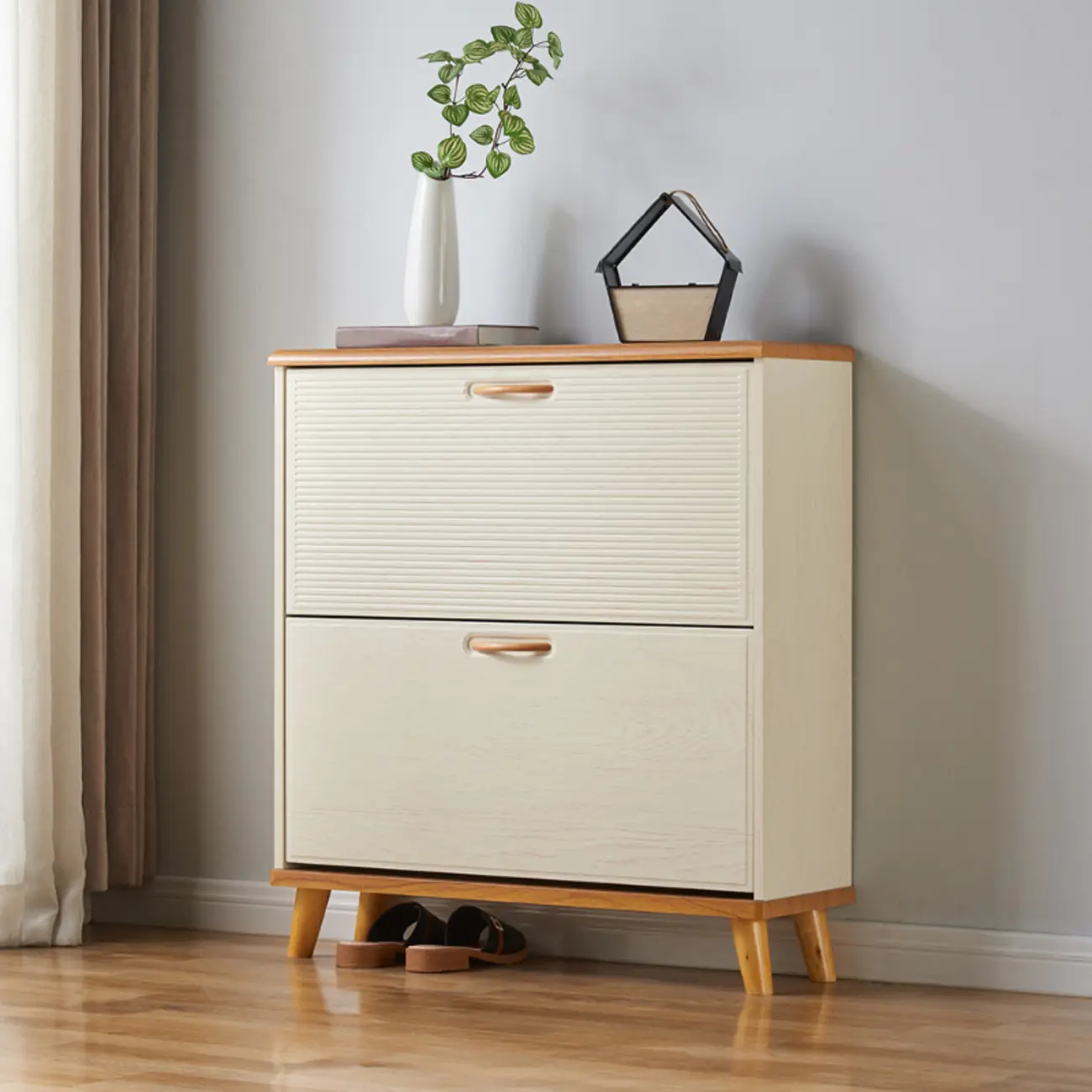 Narrow Solid Wood Shoe Cabinet for Small Space