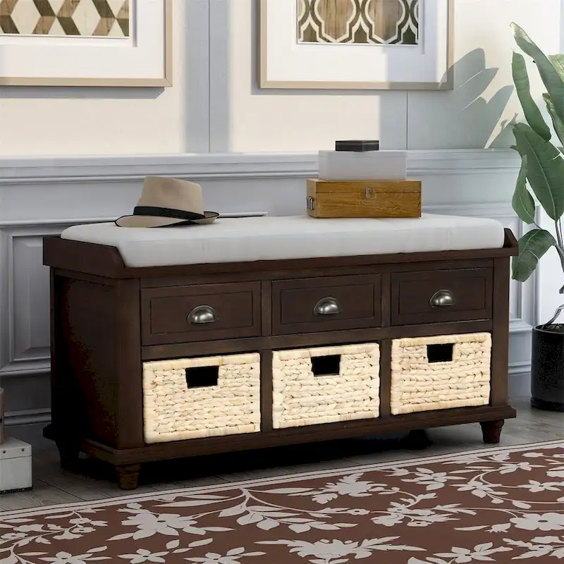 3-Drawer Storage Bench with Rattan Baskets, Espresso/White/Antique Navy, 1-Person