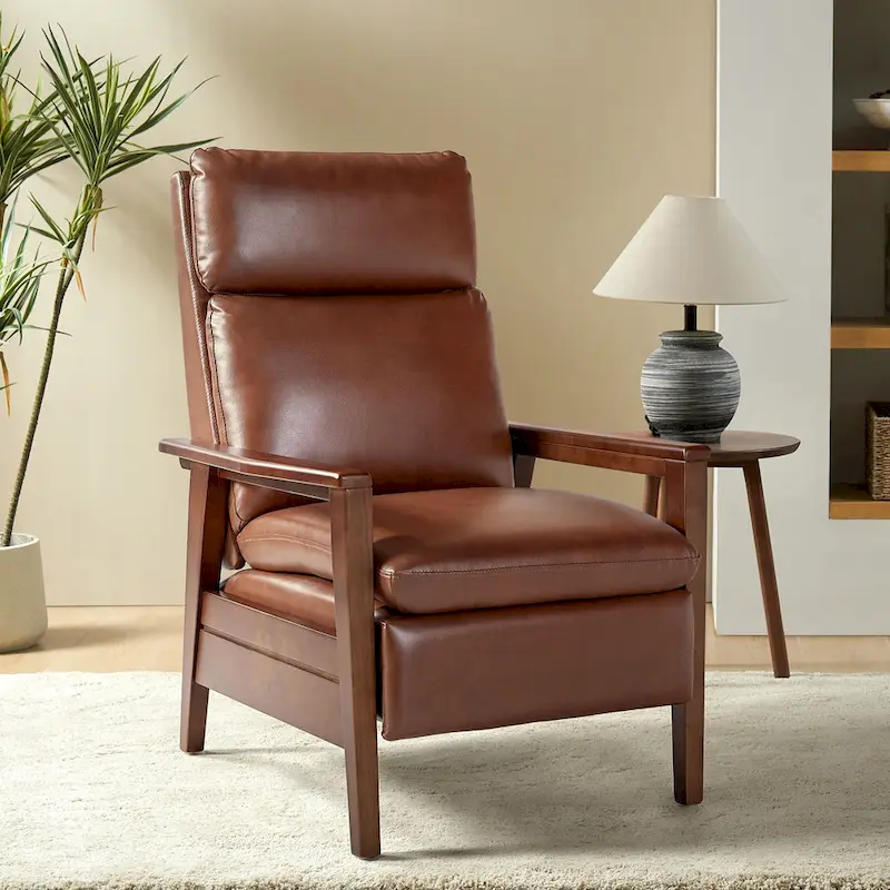 Mid-century Vegan Leather Solid Wood Recliner
