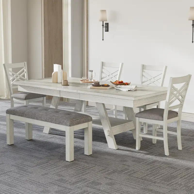 6/8-Piece Dining Table Set with Bench, Solid Wood Rectangular Extendable Dining Table & 4 Solid Wood Dining Chairs