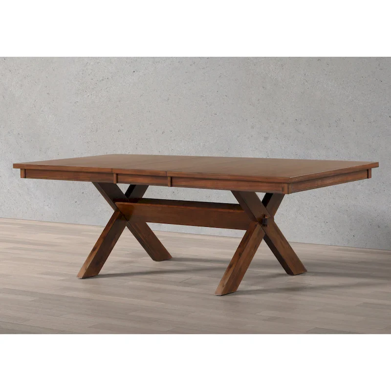 Roundhill Furniture Karven Wood Trestle Extendable Dining Table with Leaf, Dark Hazelnut