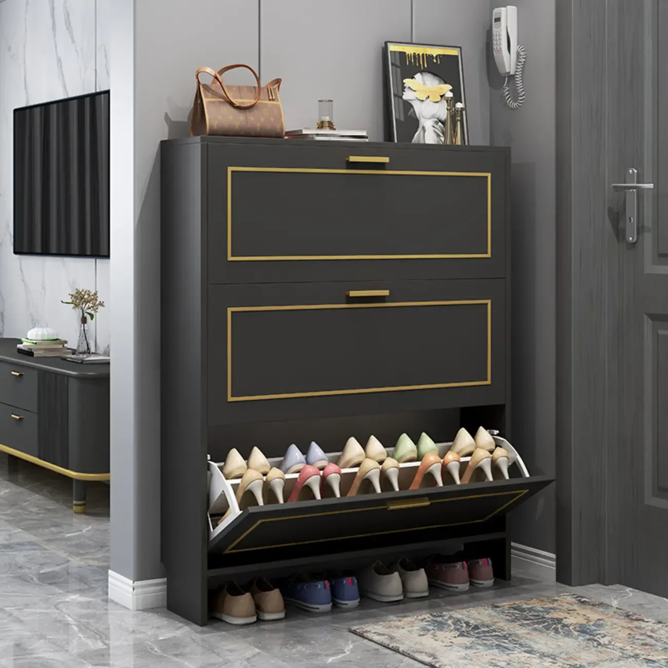 3-Tier Black Drop-Front Entryway Shoe Storage Cabinet