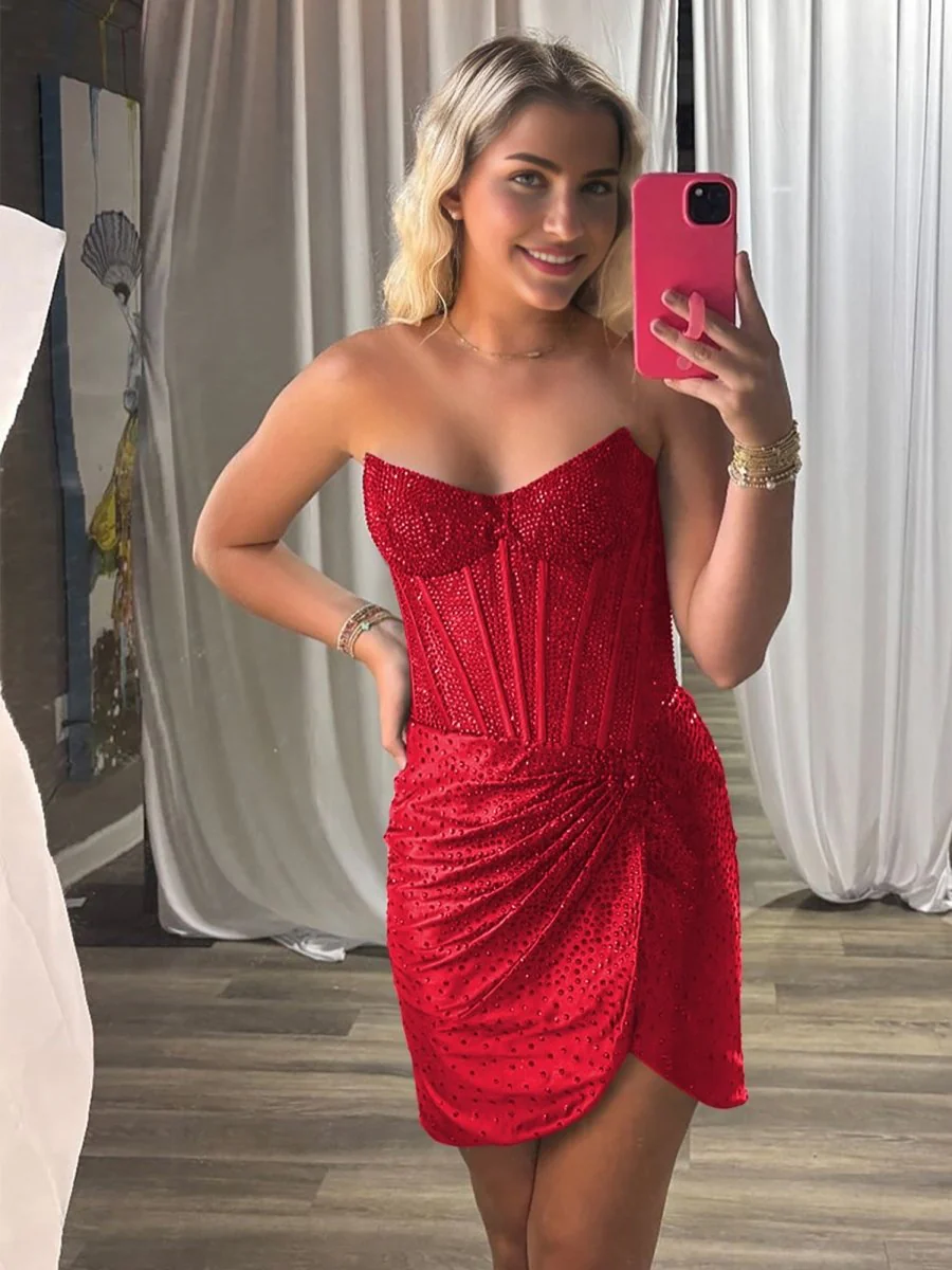 Red - Strapless Satin Bodycon Mini Party Dresses With Beading