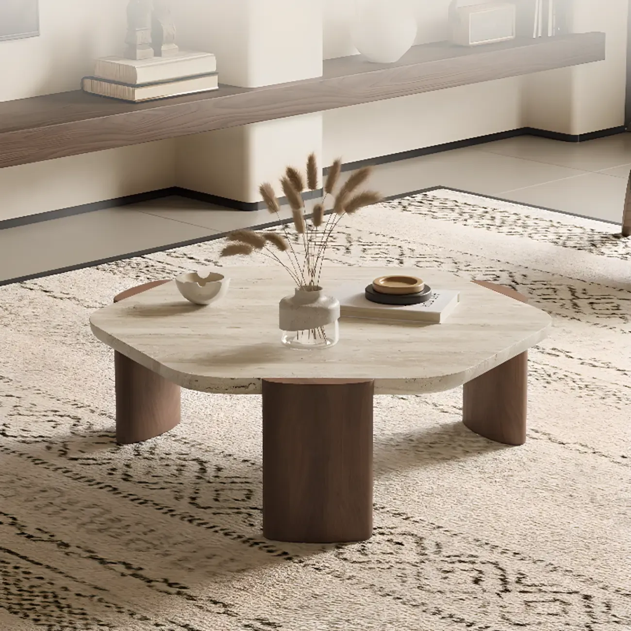 Modern Beige Travertine Top Coffee Table in Hexagon/Round