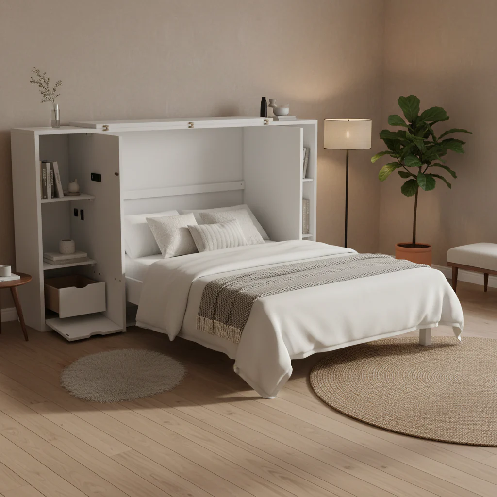 Queen-size bed with shelves, drawers and USB ports, grey