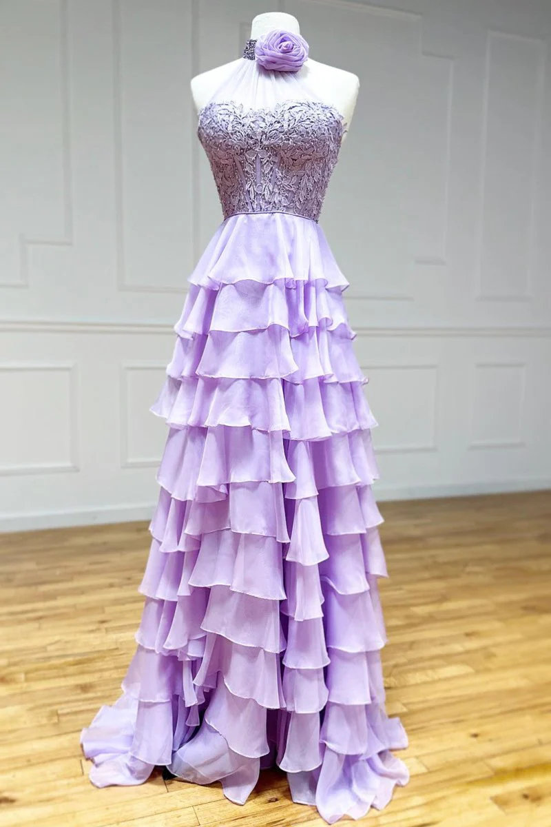 A line High Neck Tiered Chiffon Prom Dress with 3D Flower