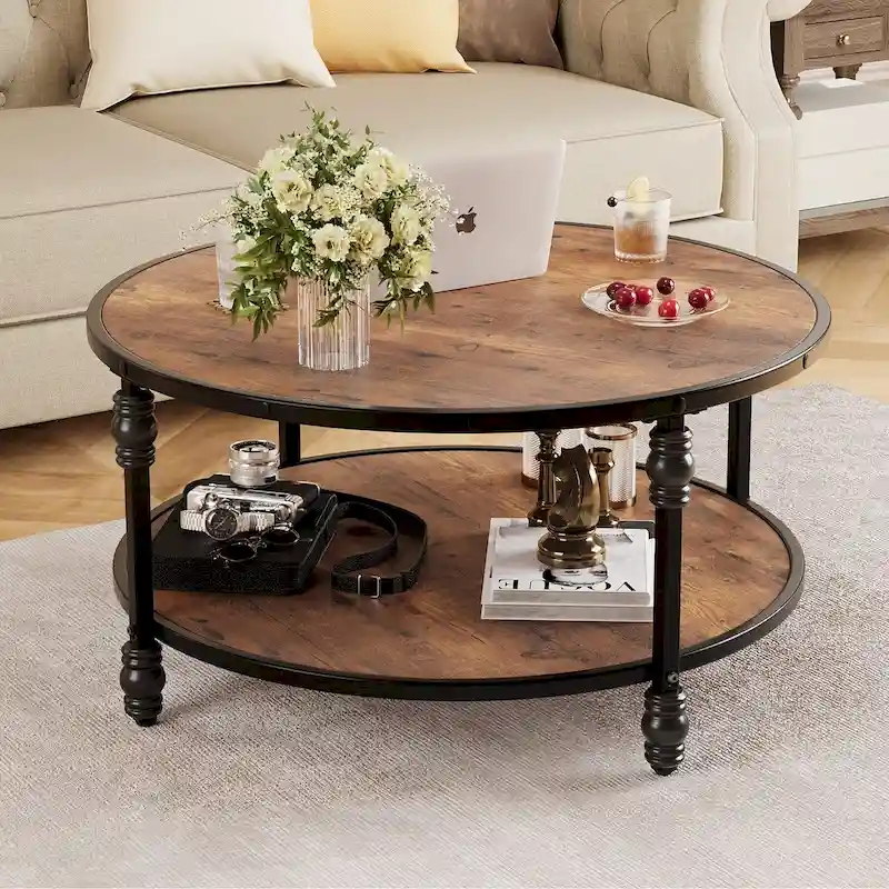 Round Coffee Table for Living Room Rustic Center Table with Storage Shelf