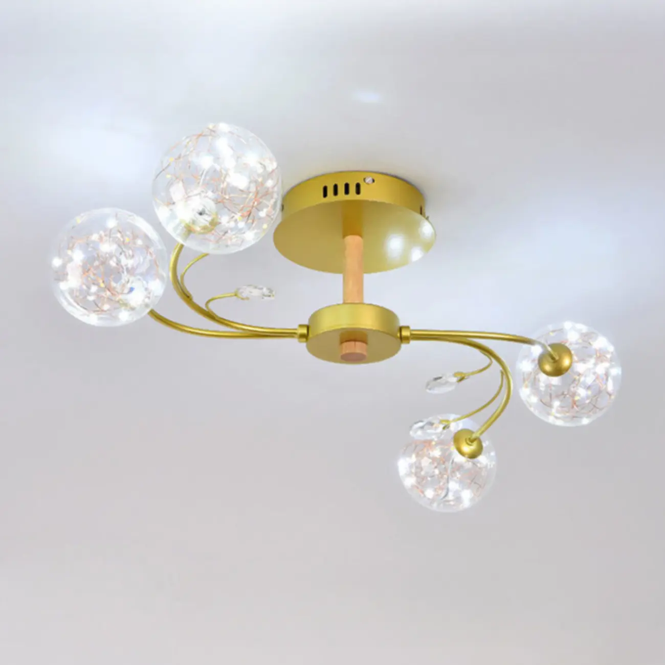 Crystal Globe Shade Gold Semi Flush Mount Light 3-Gear Dimming