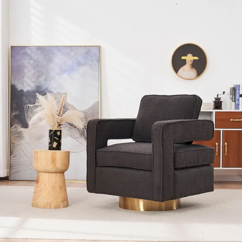 Modern Upholstered Swivel Accent Chair with Hollow-back & Golden Base