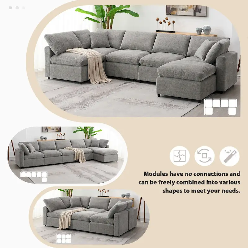 6 Seat Modern Modular Cloud Sofa Bed Chenille Sectional Couch Set with Ottoman