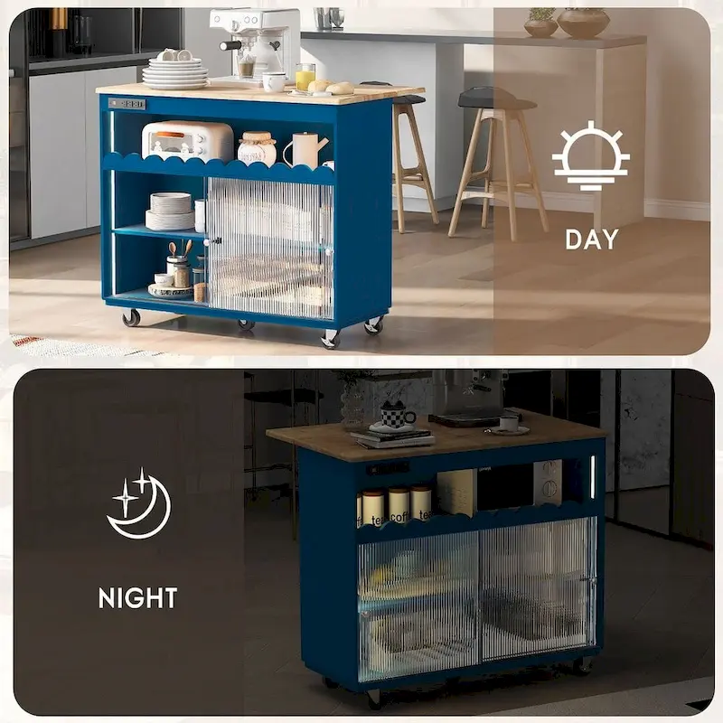 Multi-Functional Kitchen Island Cart with Drop Leaf, LED Light, and Power Outlets