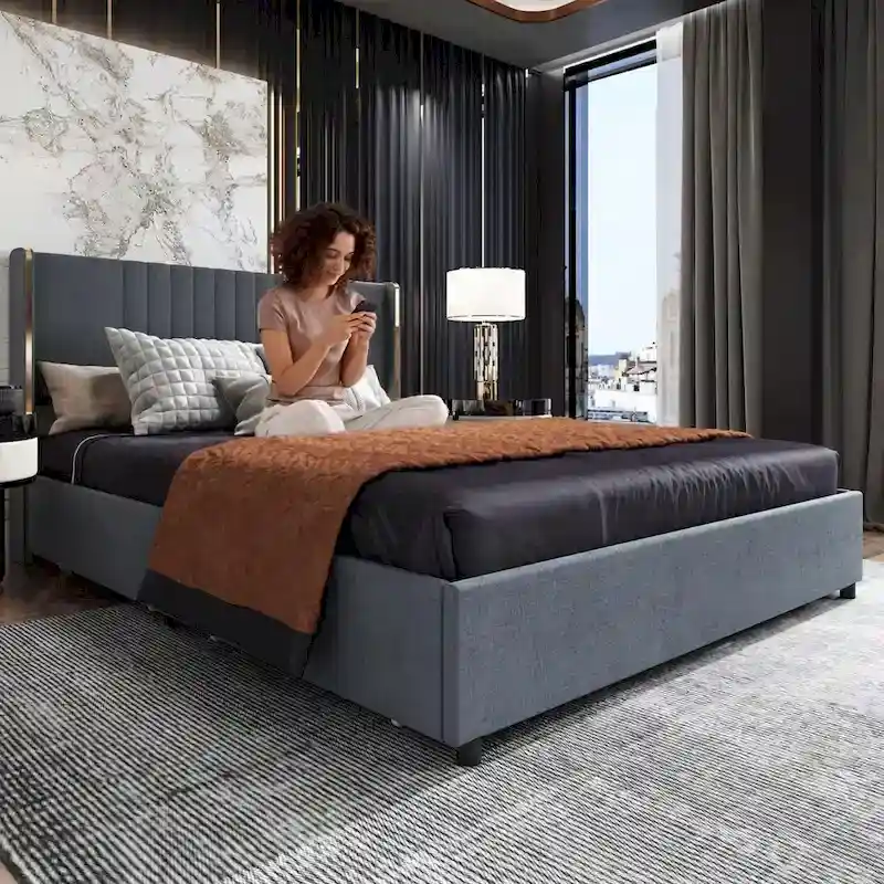 Modern Illuminated Bed Frame with Gold Trim - Chic Upholstered Design