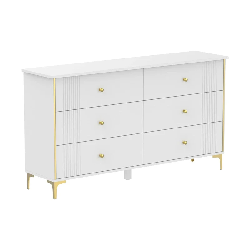 White Lacquer Dresser 6 Drawer Dresser with Metal Handle and Legs